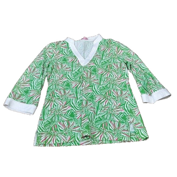 LILLY PULITZER Daisy Darling Stretch Tunic Top Elbow Sleeve Green Pink Size M - Picture 1 of 9